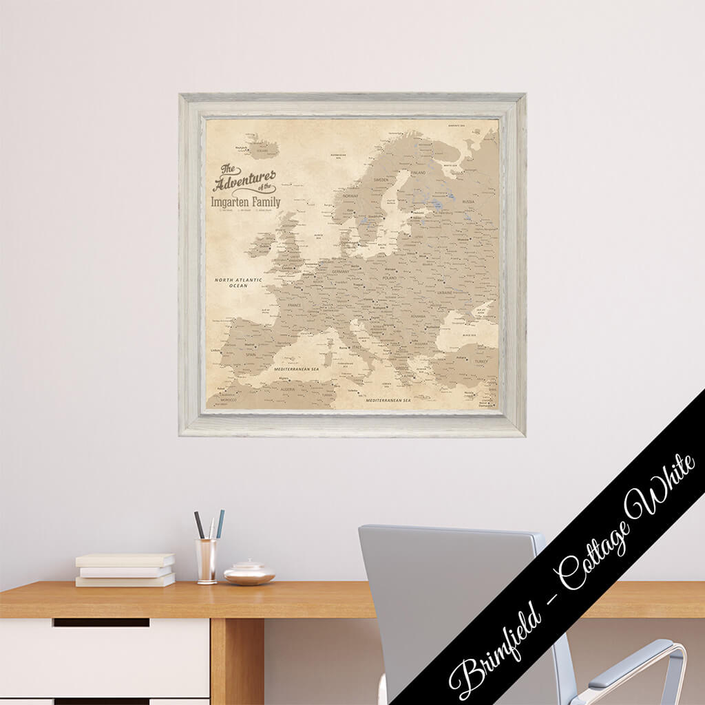 Framed Vintage Europe Canvas Map in Square Brimfield White Frame