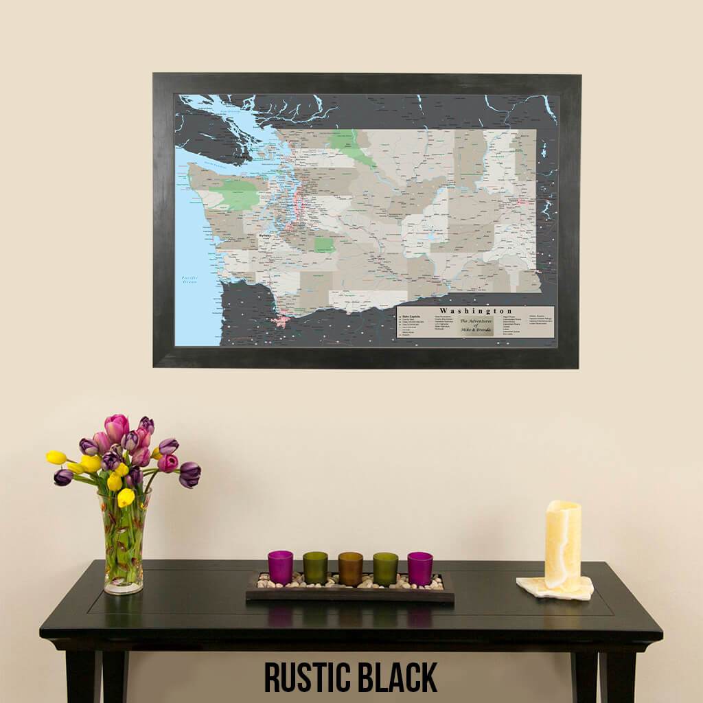 Earth Toned Washington State Push Pin Travel Map Rustic Black Frame