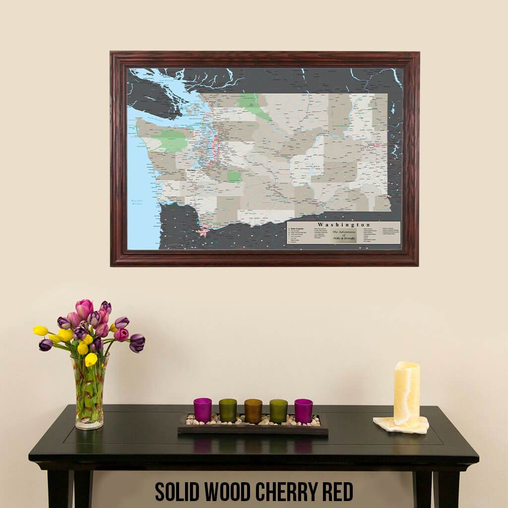 Earth Toned Washington State Push Pin Travel Map Solid Wood Cherry Red