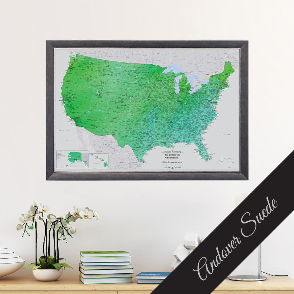 Enchanting Emerald Watercolor USA Canvas Map in Andover Suede Frame