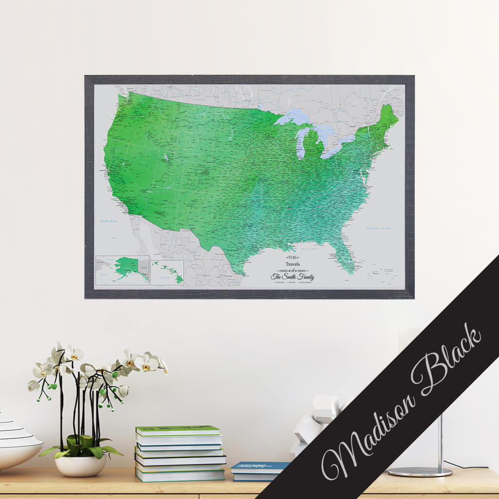 Enchanting Emerald Watercolor USA Canvas Map in Premium Madison Black Frame