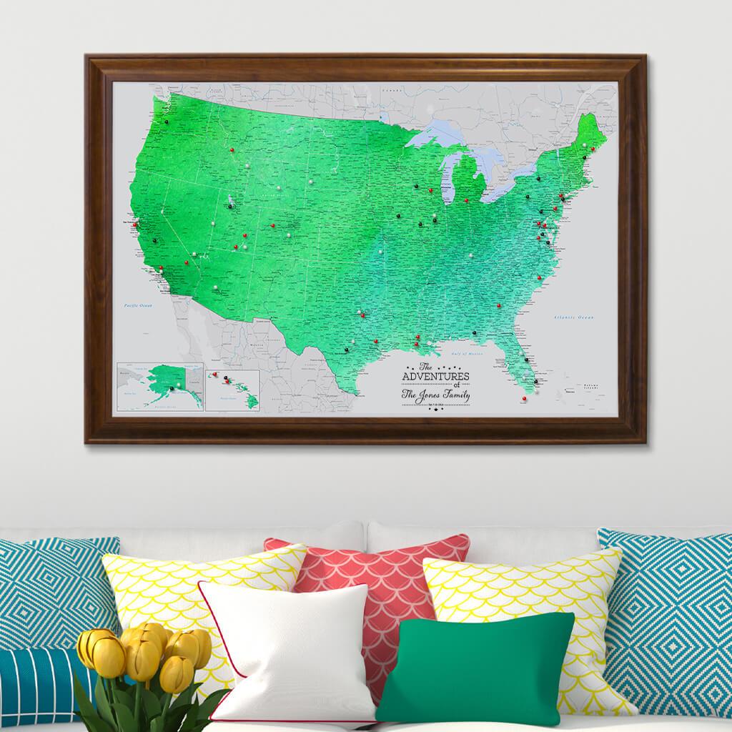 Enchanting Emerald Watercolor USA Canvas Map in Brown Frame