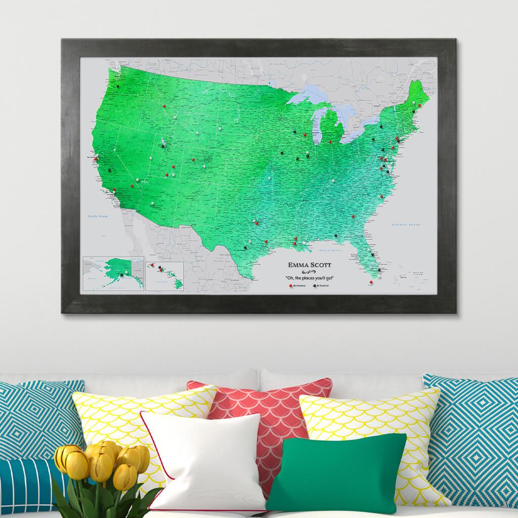 Enchanting Emerald Watercolor USA Canvas Map in Rustic Black Frame