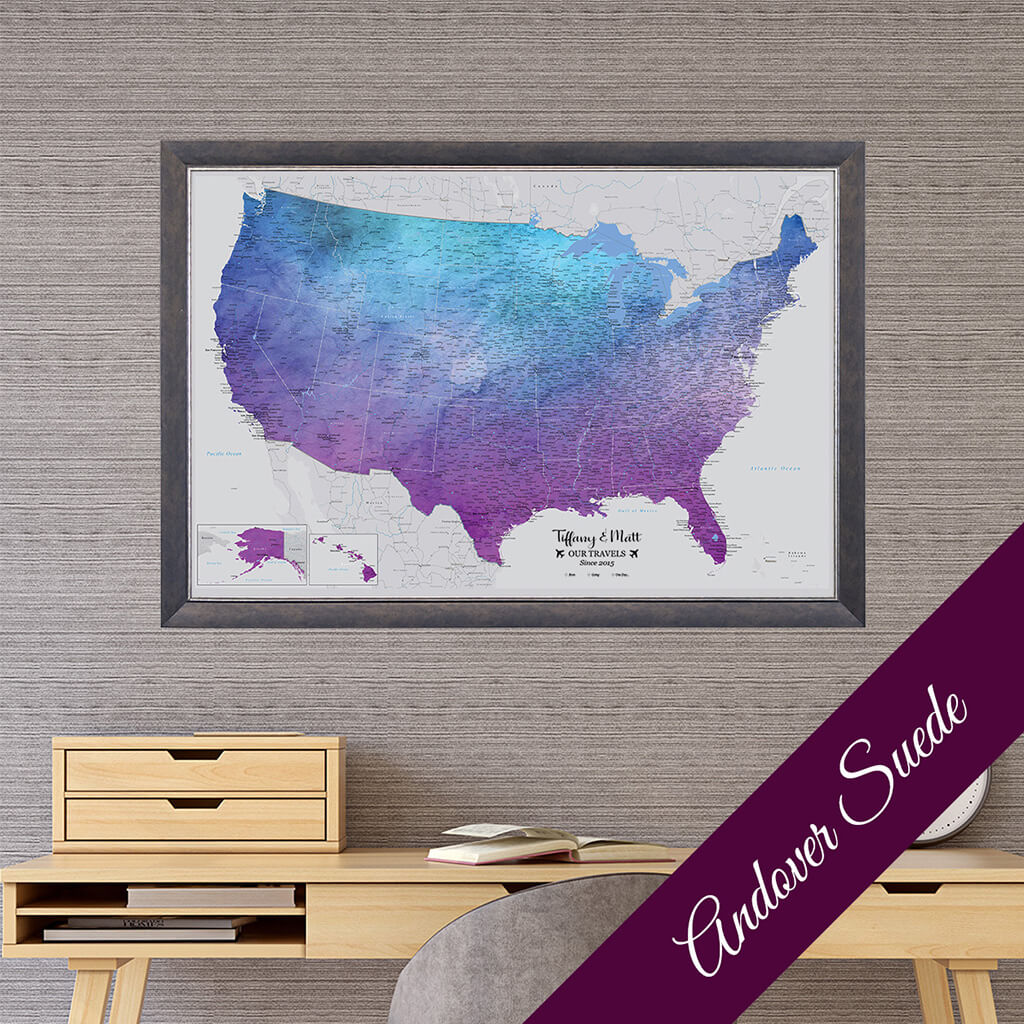 Canvas Vibrant Violet Watercolor USA Map with Premium Andover Suede Frame