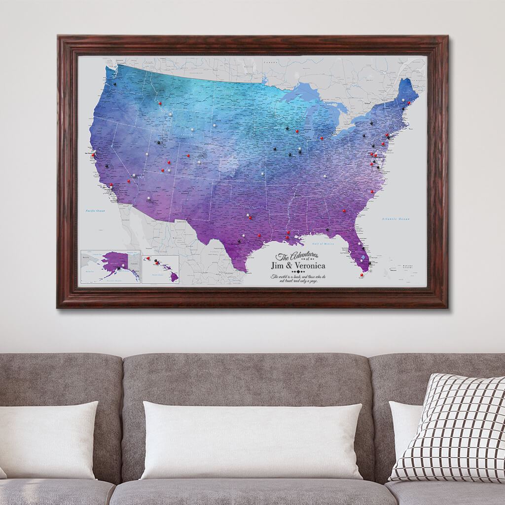 Canvas Vibrant Violet Watercolor USA Map Solid Wood Cherry
