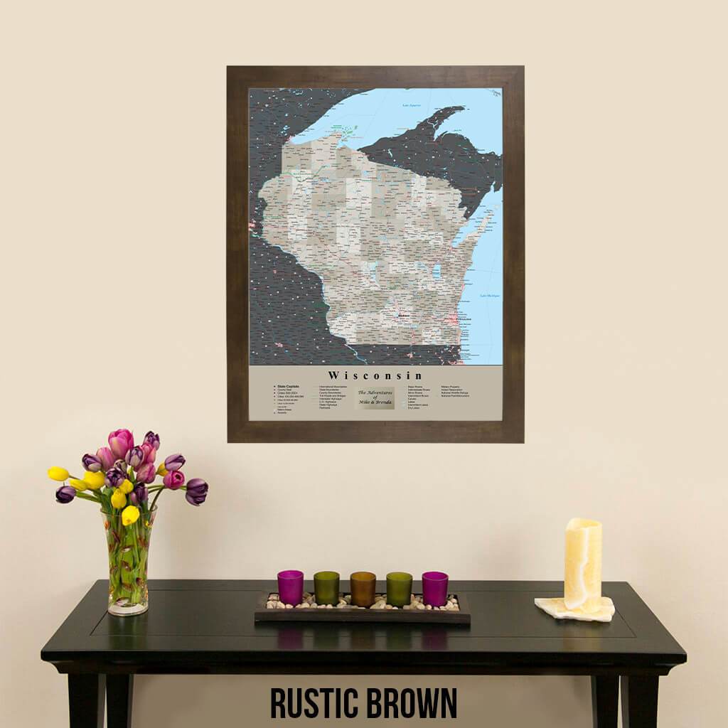 Earth Toned Wisconsin Travel Map with Pins Rustic Brown Frame