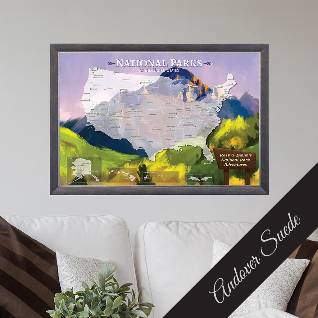 Canvas National Parks Watercolor Travel Map - Premium Andover Suede Frame