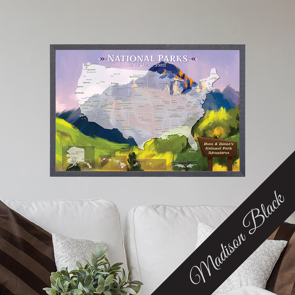Canvas National Parks Watercolor Travel Map - Premium Madison Black  Frame