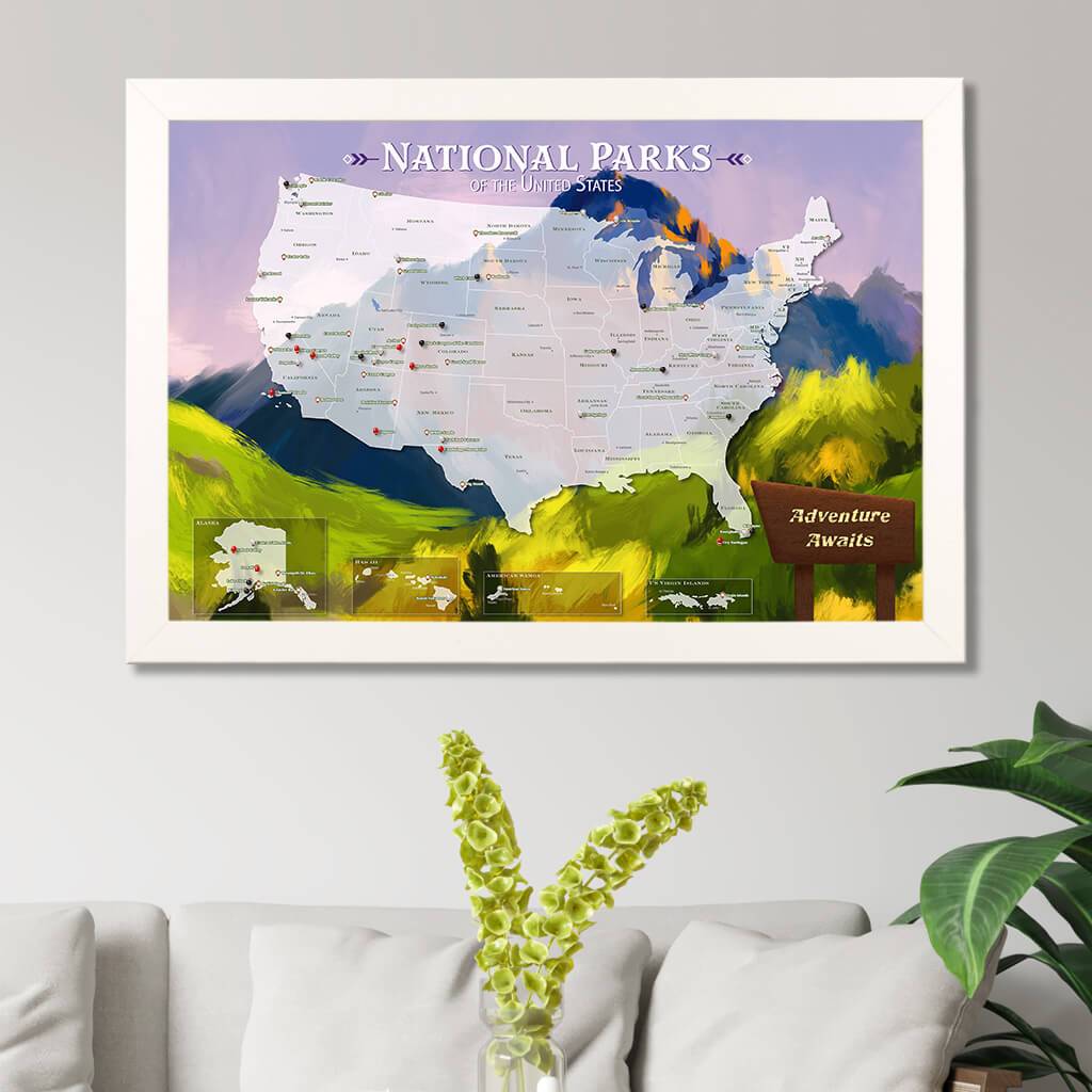 Canvas National Parks Watercolor Travel Map - Textured White Frame