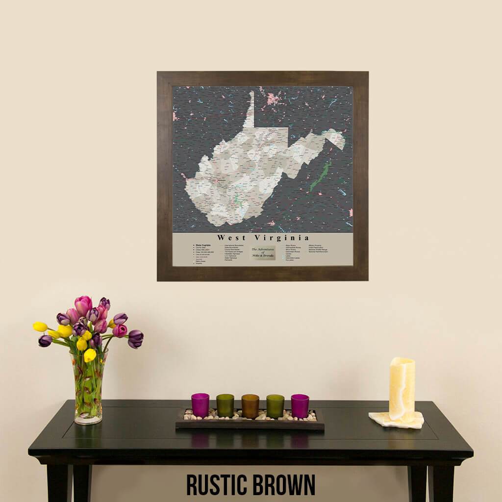 Earth Toned West Virginia State Travel Map Rustic Brown Frame