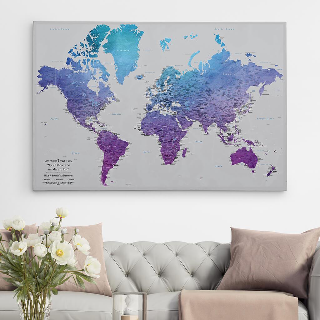 30x45 Gallery Wrapped Canvas Vibrant Violet Watercolor World Push Pin Map