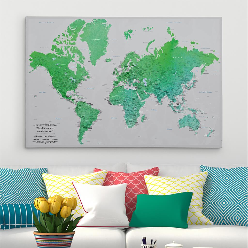 30x45 Gallery Wrapped Enchanting Emerald Watercolor World Travel Map