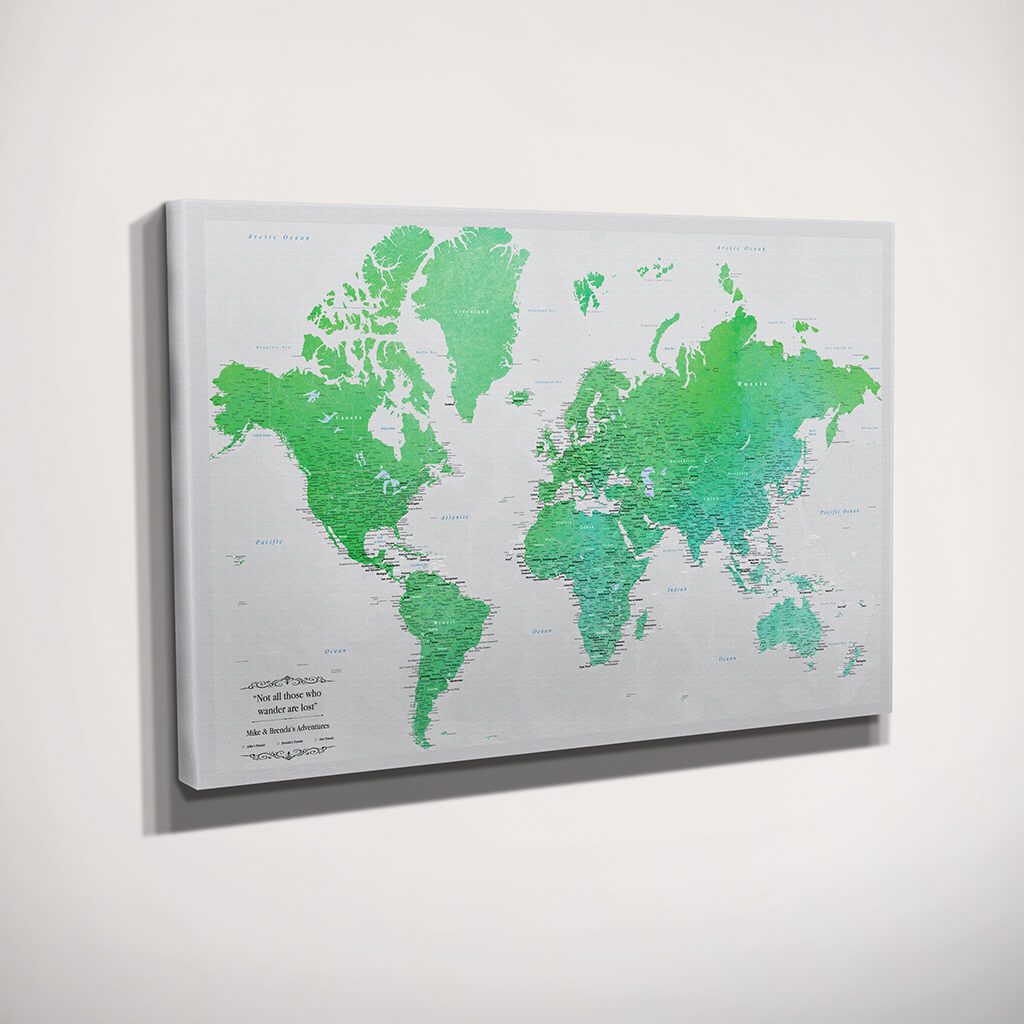 Gallery Wrapped Enchanting Emerald Watercolor World Travel Map Side View