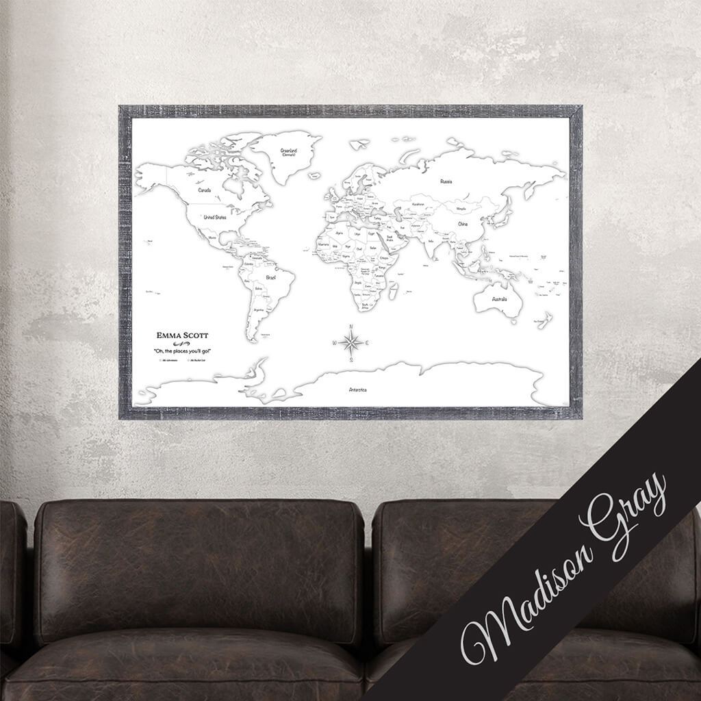 Canvas Black &amp; White World Map with Pins in Madison Gray Frame
