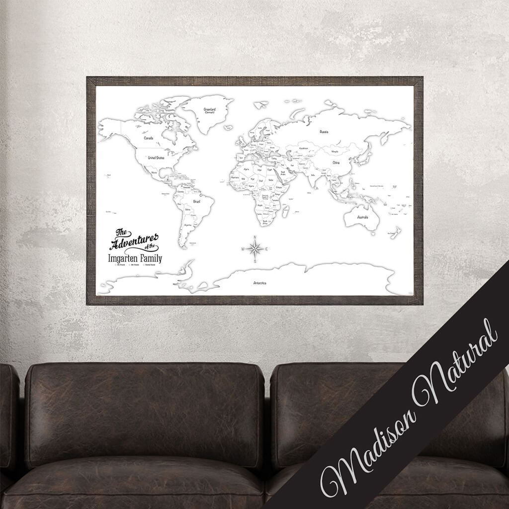 Canvas Black &amp; White World Map with Pins in Madison Natural Brown Frame