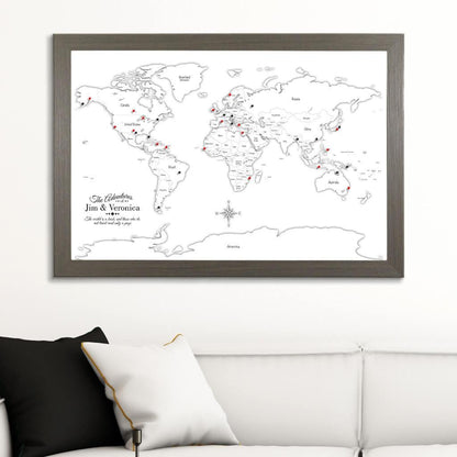 Canvas Black & White Hand-Drawn Illustrative World Map with Pins Barnwood Gray Frame