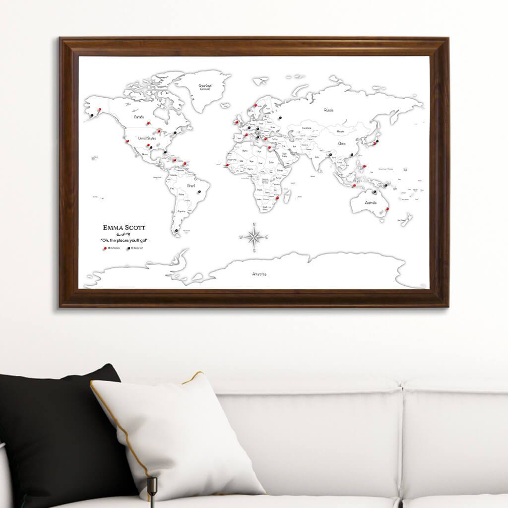 Canvas Black &amp; White Hand-Drawn Illustrative World Map with Pins Brown Frame